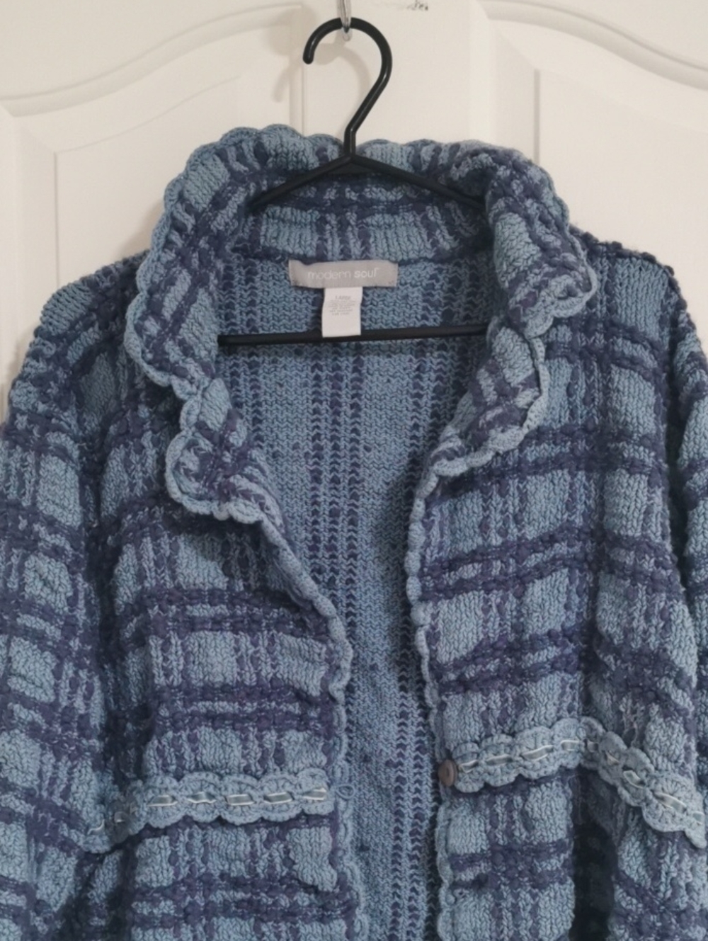 Modern Soul Light and Dark Blue Plaid Ruffled Trim Cardigan